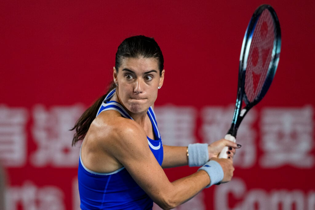 Sorana Cirstea of Romania returns a backhand against Leylah Fernandez of Canada during the women's singles Quarter-finals matches on day five of the Prudential Hong Kong Tennis Open at Victoria Park on October 31, 2025 in Hong Kong, China.