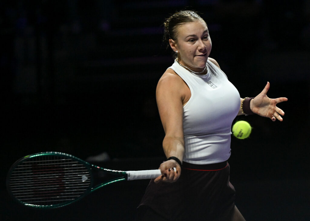 Amanda Anisimova of the United States plays against Aryna Sabalenka during their semifinal match on Day 7 of the 2025 WTA Finals, part of the Hologic WTA Tour, at King Saud University Indoor Arena in Riyadh
