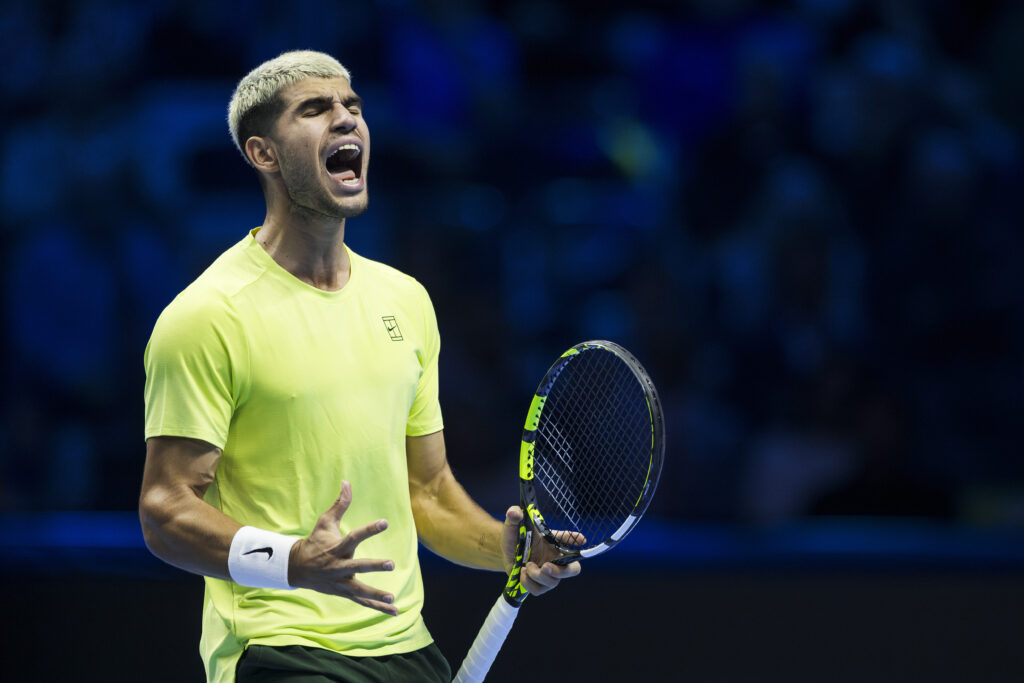 Carlos Alcaraz of Spain reacts during his round robin singles match against Taylor Fritz of USA during day three of the Nitto ATP Finals 2025. Carlos Alcaraz won the match.