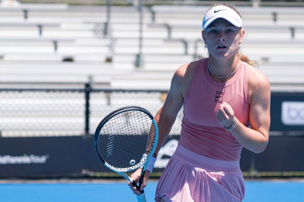 Emerson Jones of Australia celebrates a point against Talia Gibson of Australia at the NSW Open Women's Singles Final Match at Sydney Olympic Park Tennis Centre on November 23, 2025 in Sydney, Australia.
