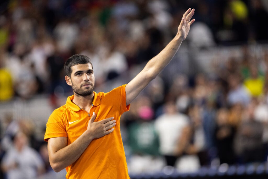 Carlos Alcaraz of Spain reacts during his singles match at the Miami Invitational at loanDepot Park in Miami, Florida, on December 8, 2025.