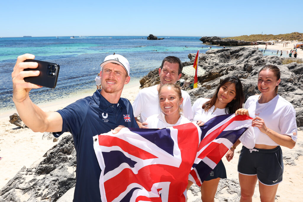 Billy Harris of Team Great Britain takes a group selfie during a media opportunity on December 31, 2025 on Rottnest Island, Australia.