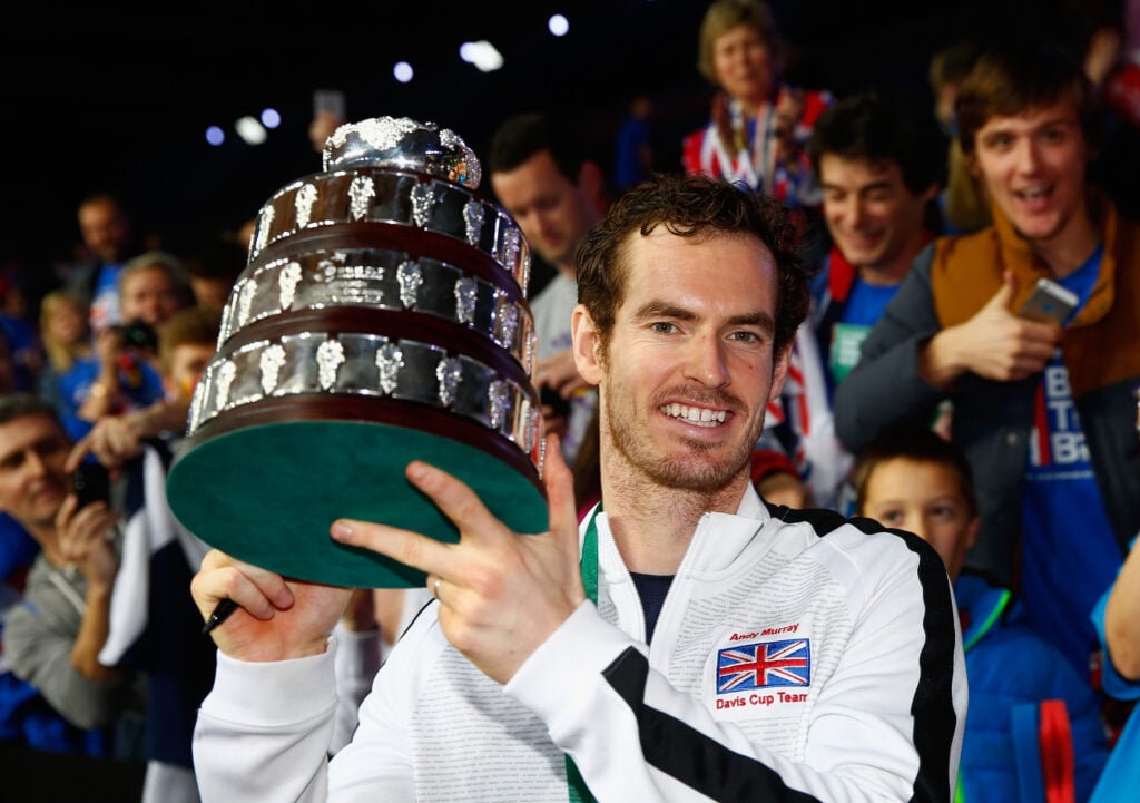 Andy Murray of Great Britain celebrates with the Davis Cup during day three of the Davis Cup Final between Belgium and Great Britain at Flanders Expo on November 29, 2015 in Ghent, Belgium.