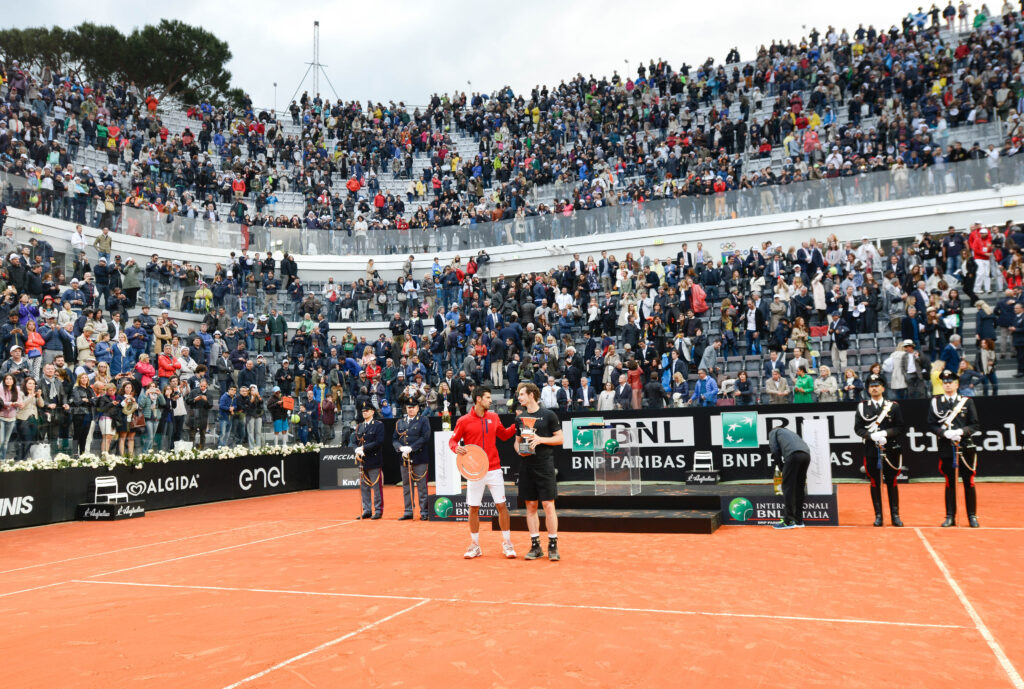 Novak Djokovic (SRB) congratulates Andy Murray (GBR) on his win after ATP Final match between Djokovic (SRB) vs Murray (GBR) at the Internazionali BNL d'Italia 2016 at the Foro Italico on May 15, 2016.
