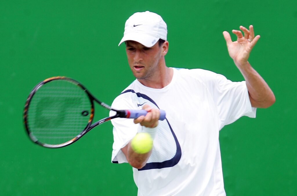 Paul Goldstein of the USA hits a forehand in his first round match against Novak Djokovic of Serbia & Montenegro during day two of the Australian Open at Melbourne Park January 17, 2006 in Melbourne, Australia.