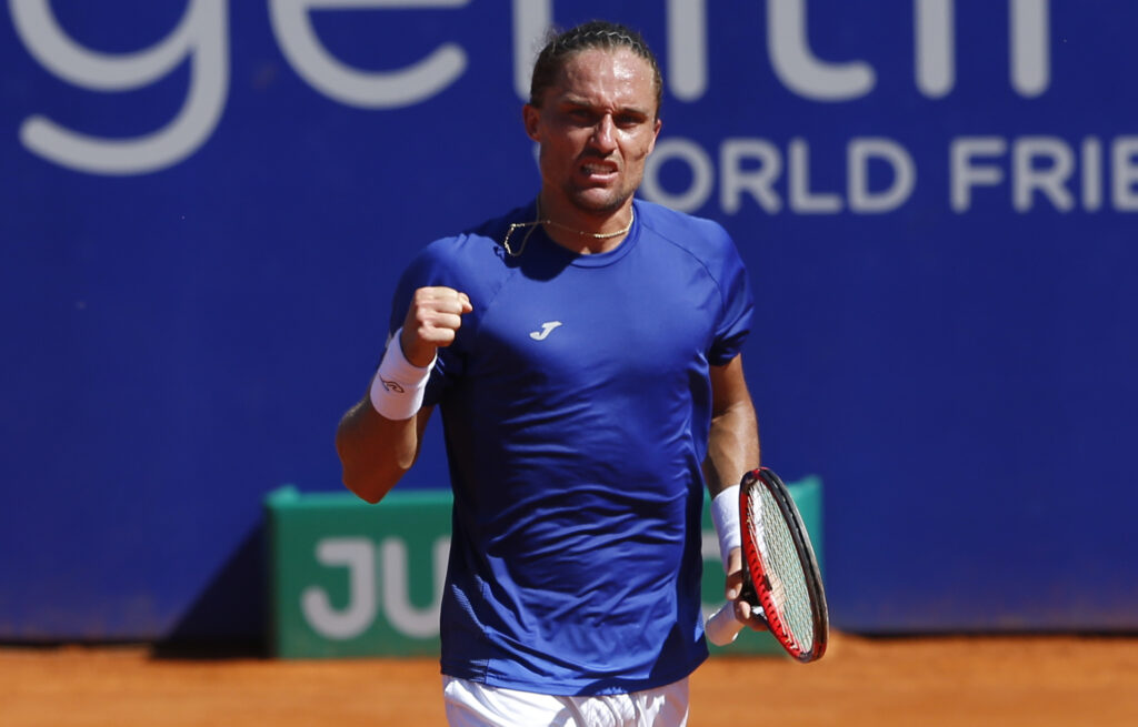 Alexandr Dolgopolov of Ukraine celebrates after wining a point during a final match between Kei Nishikori of Japan and Alexandr Dolgopolov of Ukraine as part of ATP Argentina Open at Buenos Aires Lawn Tennis Club on February 19, 2017 in Buenos Aires, Argentina.