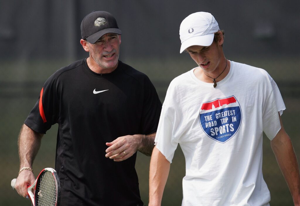 Coach Brad Gilbert practices with Andy Murray of Great Britain during day 2 of the Legg Mason Tennis Classic, at the William H.G. Fitzgerald Tennis Center on August 1, 2006 in Washington, DC.
