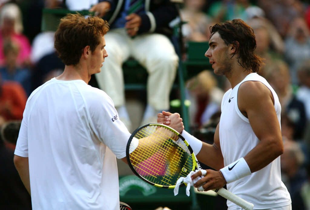 Rafael Nadal (R) of Spain is congratulated on his victory by Andy Murray of Great Britain, following his victory during the Men's Quarter Final match on day nine of the Wimbledon Lawn Tennis Championships at the All England Lawn Tennis and Croquet Club on July 2, 2008 in London, England.
