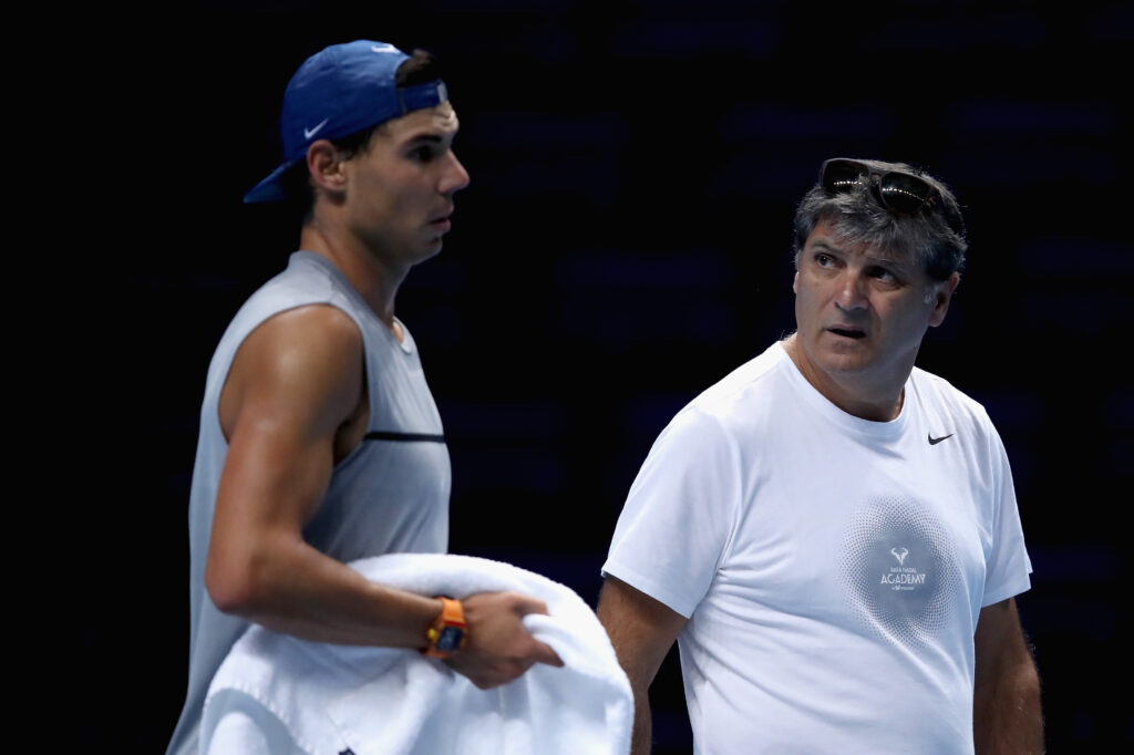 Rafael Nadal of Spain (L) and Toni Nadal (R) speak during a training session prior to the Nitto ATP World Tour Finals at O2 Arena on November 10, 2017 in London, England.