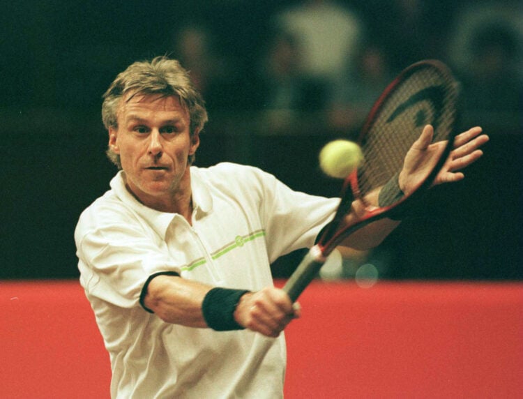 9 Dec 2000:    Bjorn Borg of Sweden in action in his semi-final match against Pat Cash of Australia in the Honda Challenge Tournament at the Royal ...