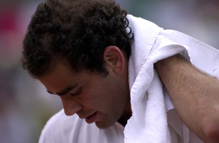 31 May 2001:  A dejected Pete Sampras of the USA after losing his second round match against Galo Blanco of Spain during the French Open Tennis at ...