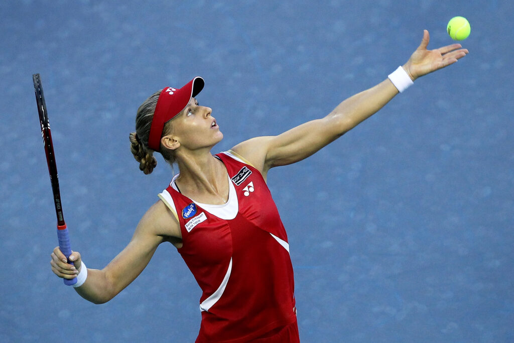 Elena Dementieva of Russia serves in the Women's Singles semi final match against Francesca Schiavone of Italy on day six of the Toray Pan Pacific Open tennis tournament at Ariake Colosseum on October 1, 2010 in Tokyo, Japan. Elena Dementieva of Russia defeated Francesca Schiavone of Italy 6-4, 7-5.