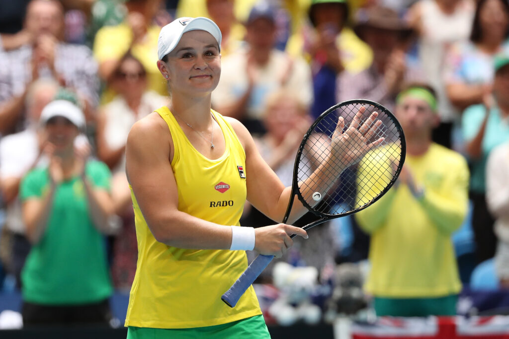 Ash Barty of Australia celebrates after winning her match against Caroline Garcia of France in the 2019 Fed Cup Final tie between Australia and France at RAC Arena on November 09, 2019 in Perth, Australia.