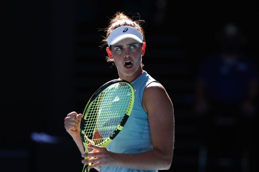 Jennifer Brady of the US reacts after a point against Czech Republic's Karolina Muchova during their women's singles semi-final match on day eleven of the Australian Open tennis tournament in Melbourne on February 18, 2021.