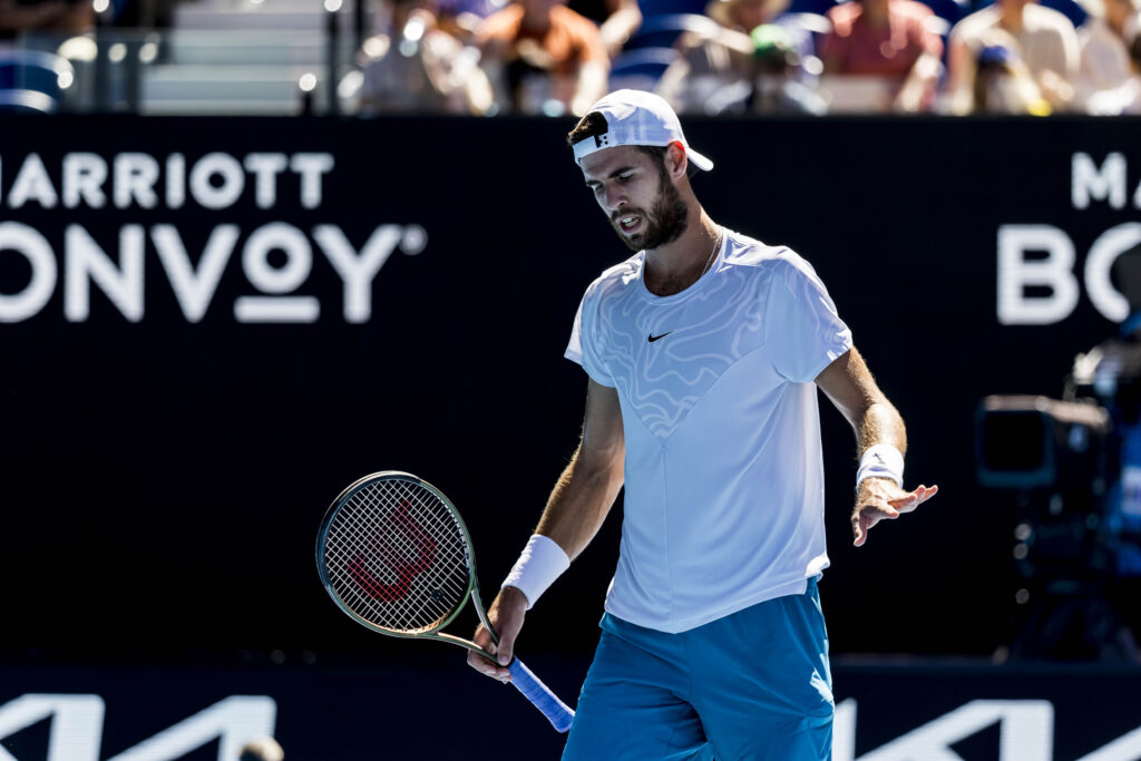 Karen Khachanov of Russia in action during the Semifinals of the 2023 Australian Open on January 27 2023, at Melbourne Park in Melbourne, Australia.