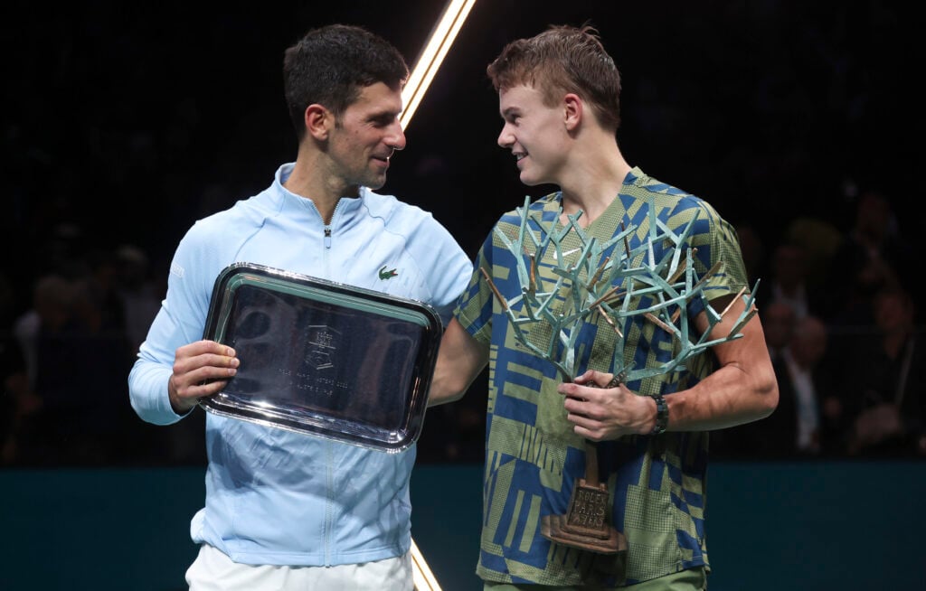 Finalist Novak Djokovic of Serbia, winner Holger Rune of Denmark during the trophy ceremony on day 7 of the Rolex Paris Masters 2022, an ATP 1000 tennis event at Accor Arena in Bercy on November 6, 2022 in Paris, France.