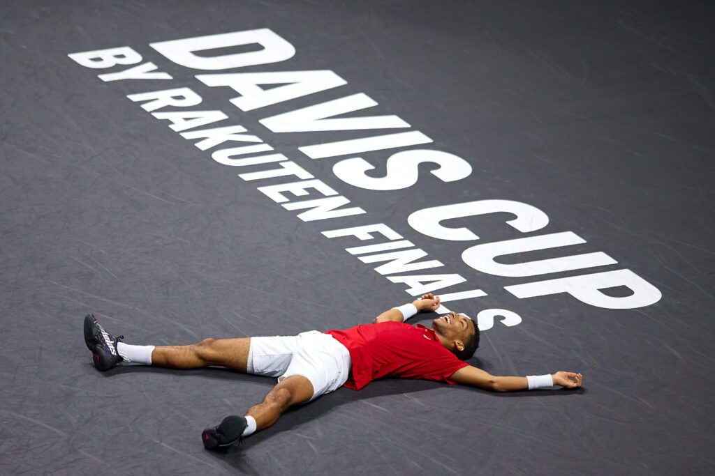 Felix Auger-Aliassime of Canada celebrates after winning the Davis Cup by Rakuten Finals 2022 Final singles match between Australia and Canada at Palacio de los Deportes Jose Maria Martin Carpena on November 27, 2022 in Malaga, Spain.