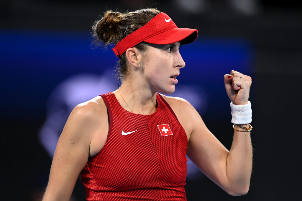 Belinda Bencic of Switzerland celebrates in her Group B match against Yulia Putintseva of Kazakhstan during day one of the 2023 United Cup at Pat Rafter Arena on December 29, 2022 in Brisbane, Australia.