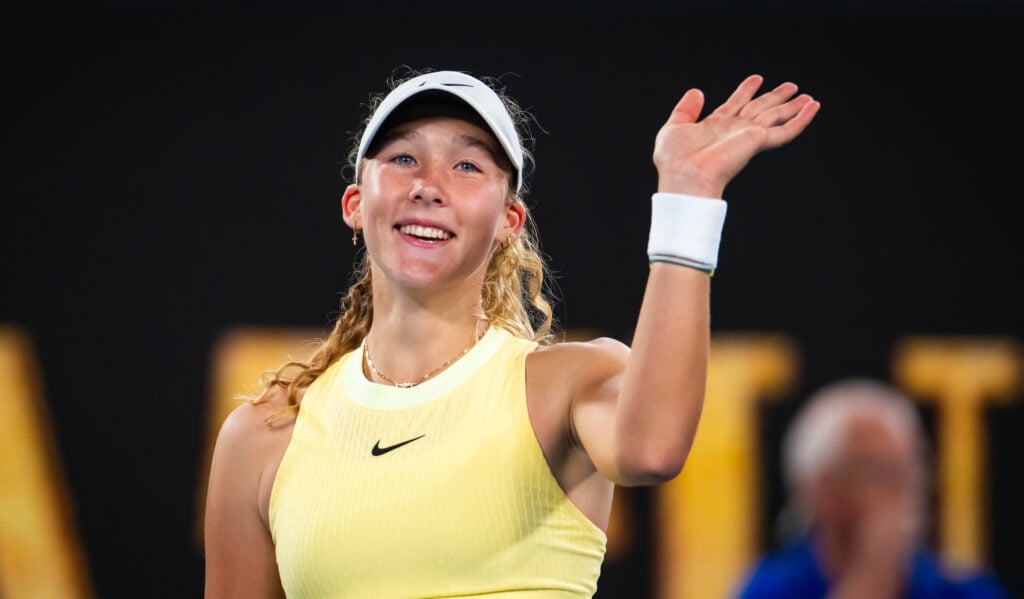 Mirra Andreeva celebrates defeating Ons Jabeur of Tunisia in the women's singles second round match on Day 4 of the 2024 Australian Open at Melbourne Park on January 17, 2024 in Melbourne, Australia.