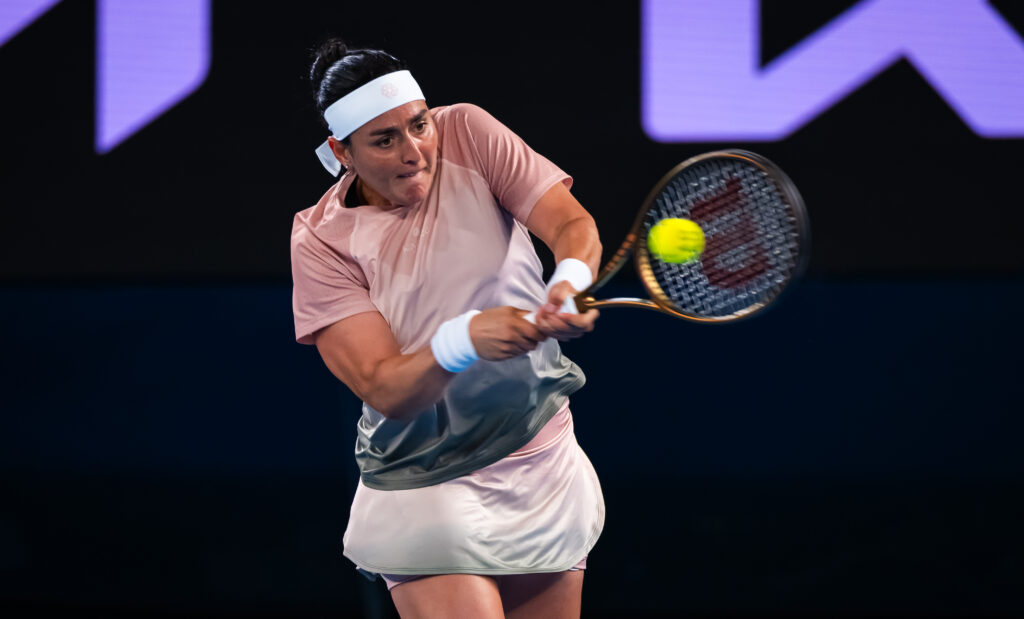 Ons Jabeur of Tunisia in action against Mirra Andreeva in the women's singles second round match on Day 4 of the 2024 Australian Open at Melbourne Park on January 17, 2024 in Melbourne, Australia.
