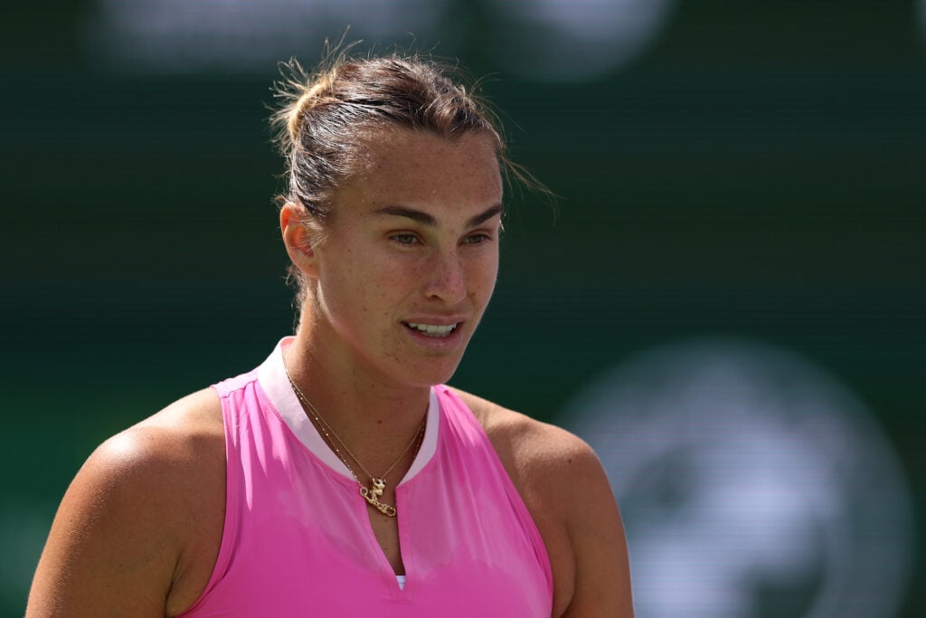 Aryna Sabalenka shows her dejection during her three set defeat against Emma Navarro of the United States in their fourth round match during the BNP Paribas Open at Indian Wells Tennis Garden on March 13, 2024 in Indian Wells, California.