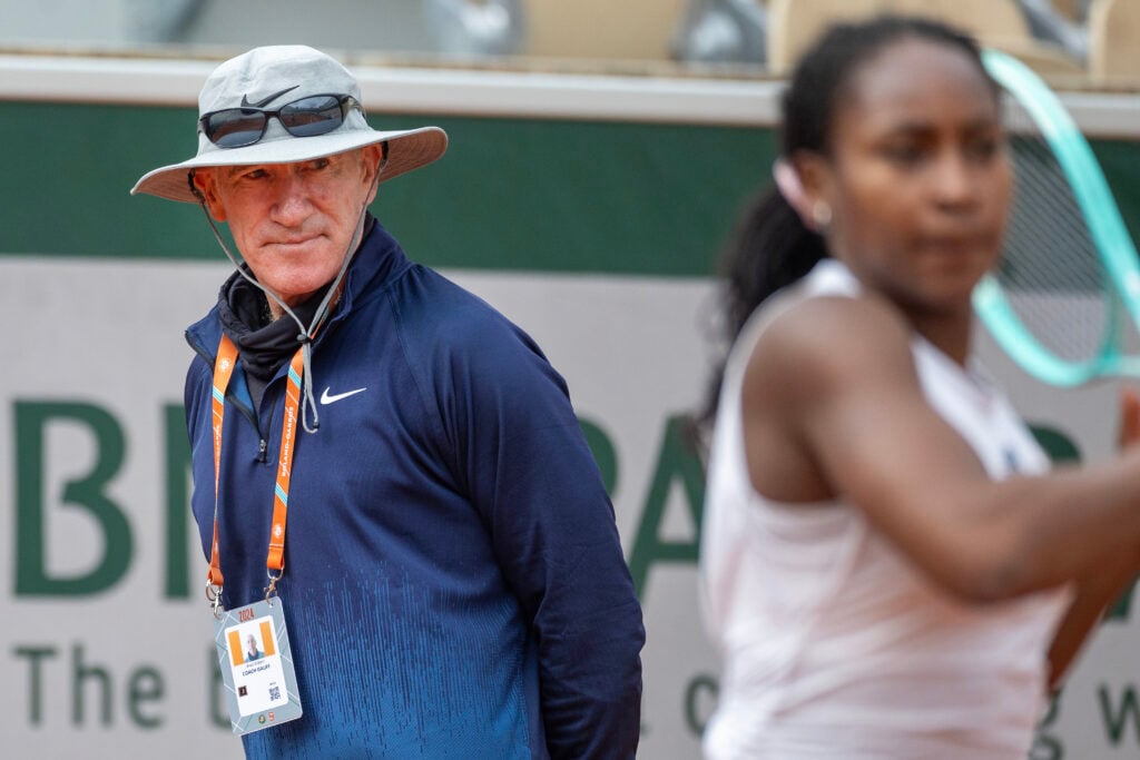 Coach Brad Gilbert watches Coco Gauff of the United States practicing on Court Simonne-Mathieu in preparation for the 2024 French Open Tennis Tournament at Roland Garros on May 22nd, 2024, in Paris, France.