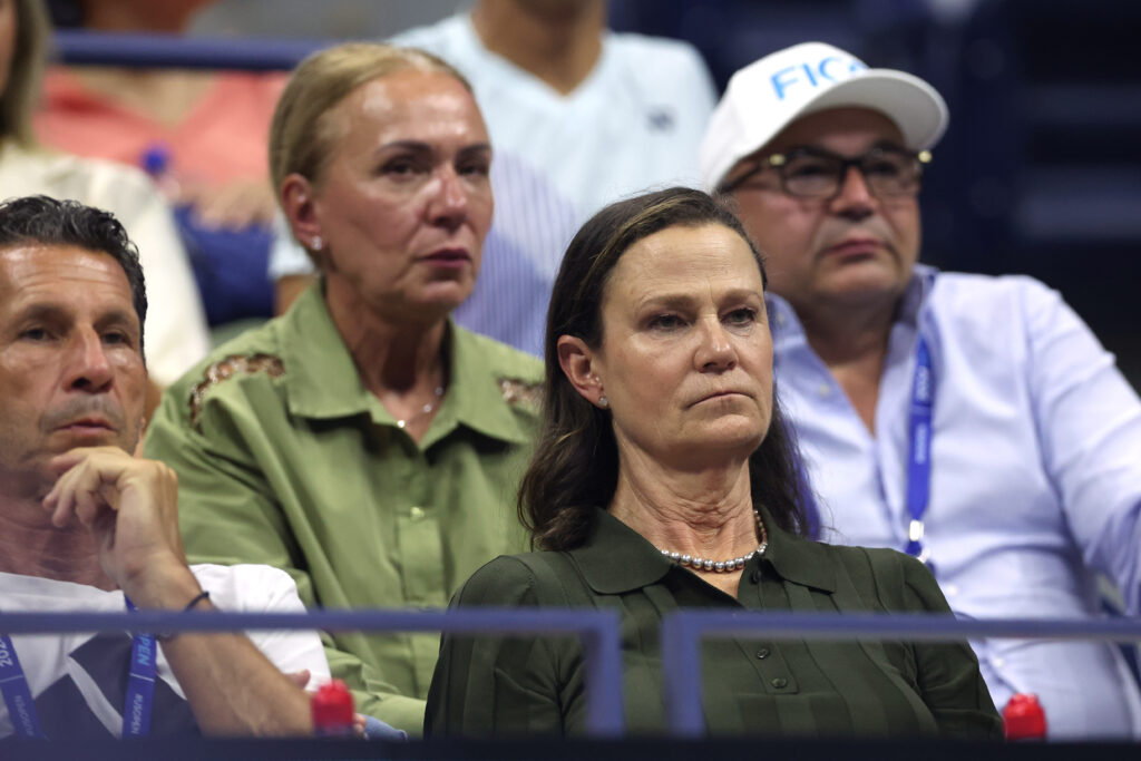 Pam Shriver, former tennis player and coach of Donna Vekic of Croatia, looks on during the Women's/Men's Singles Fourth Round match against Qinwen Zheng of China on Day Seven of the 2024 US Open at USTA Billie Jean King National Tennis Center on September 01, 2024 in the Flushing neighborhood of the Queens borough of New York City.
