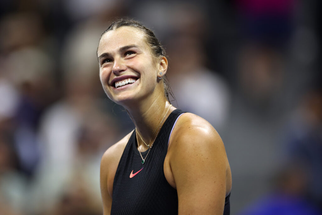 Aryna Sabalenka of Belarus celebrates match point against Emma Navarro of the United States during their Women's Singles Semifinal match on Day Eleven of the 2024 US Open at USTA Billie Jean King National Tennis Center on September 05, 2024 in the Flushing neighborhood of the Queens borough of New York City.