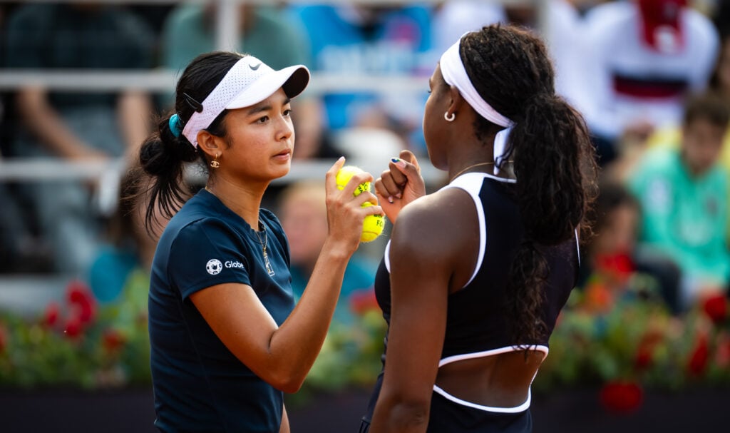Alexandra Eala of the Philippines and Coco Gauff of the United States in action against Sara Errani of Italy and Jasmine Paolini of Italy in the doubles quarter-final on Day Ten of the Internazionali BNL D'Italia at Foro Italico on May 14, 2025 in Rome, Italy.
