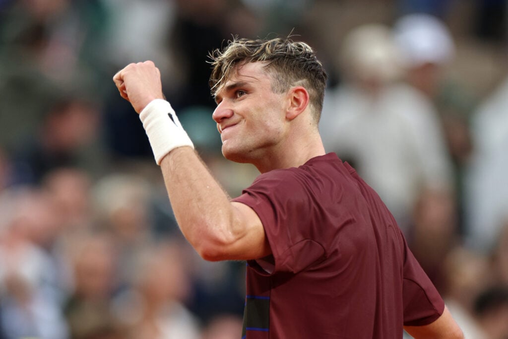 Jack Draper of Great Britain celebrates winning match point against Mattia Bellucci of Italy during the Men's Singles First Round match on Day Three of the 2025 French Open at Roland Garros on May 27, 2025 in Paris, France.
