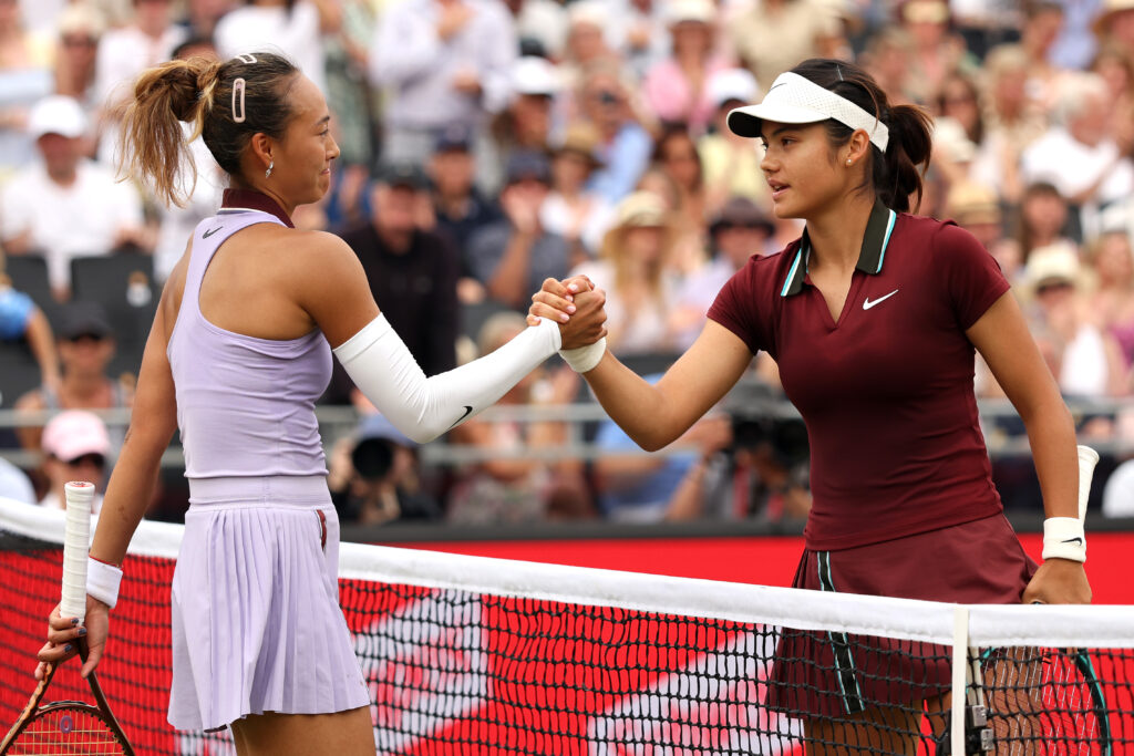 Zheng Qinwen of People's Republic of China and Emma Raducanu of Great Britain greet at the net following the Women's Singles Quarter Final match on Day Five of the 2025 HSBC Championships at The Queen's Club on June 13, 2025 in London, England.