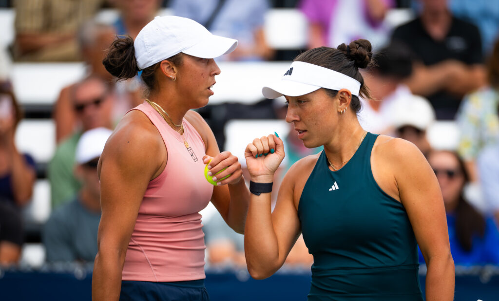 Madison Keys of the United States and Jessica Pegula of the United States in action against Peyton Stearns of the United States and Marketa Vondrousova of the Czech Republic in the first round of doubles of the National Bank Open at Stade IGA on July 31, 2025 in Montreal, Quebec.