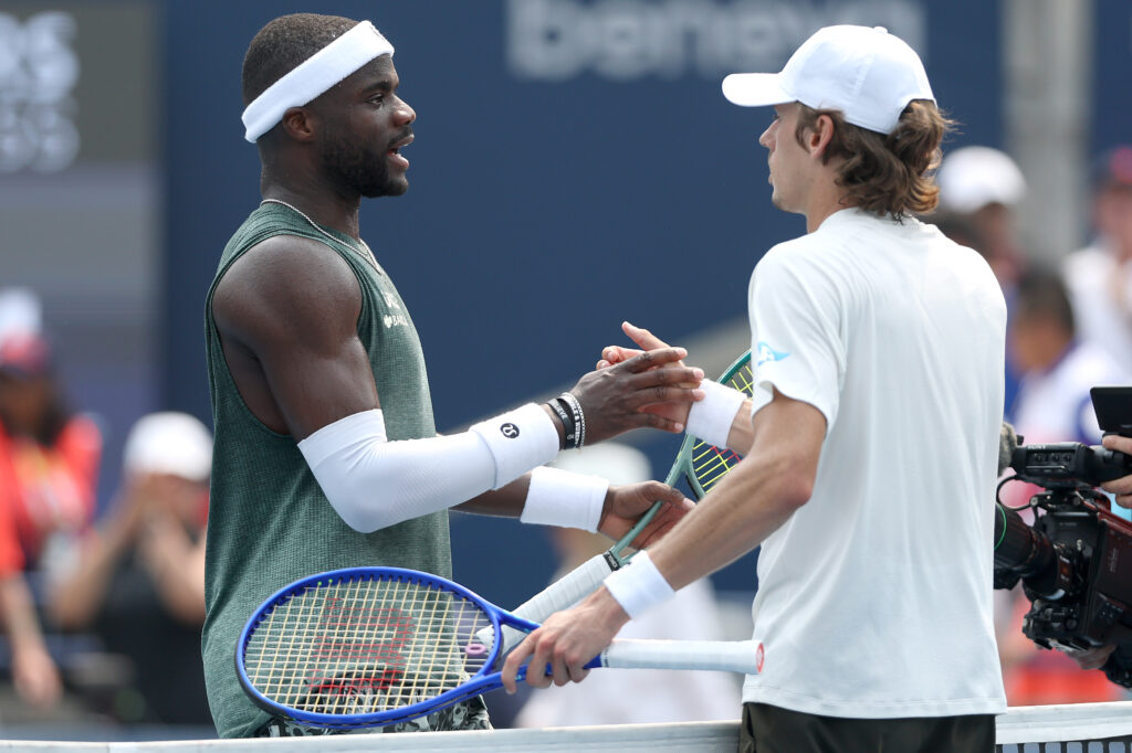 Frances Tiafoe of United States congratulates Alex De Minaur of Australia after their match during the National Bank Open Presented by Rogers at Sobeys Stadium on August 03, 2025 in Toronto, Ontario.