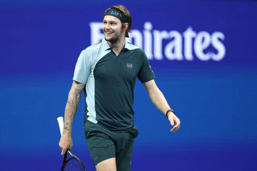 Alexander Bublik of Kazakhstan reacts after winning the first set against Tommy Paul of the United States during their Men's Singles Third Round match on Day Seven of the 2025 US Open at USTA Billie Jean King National Tennis Center on August 30, 2025 in the Flushing neighborhood of the Queens borough of New York City.