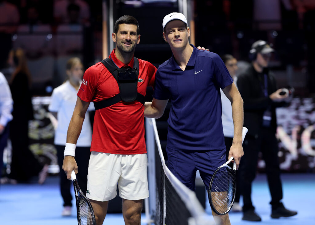 Novak Djokovic of Serbia and Jannik Sinner of Italy pose for a photograph at the net before their semifinal match during day two of the Six Kings Slam 2025 at ANB Arena on October 16, 2025 in Riyadh, Saudi Arabia.
