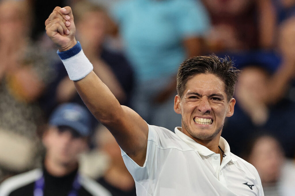 Argentina's Sebastian Baez celebrates victory over USA's Taylor Fritz at their men's singles match during the United Cup tennis tournament in Perth on January 3, 2026.