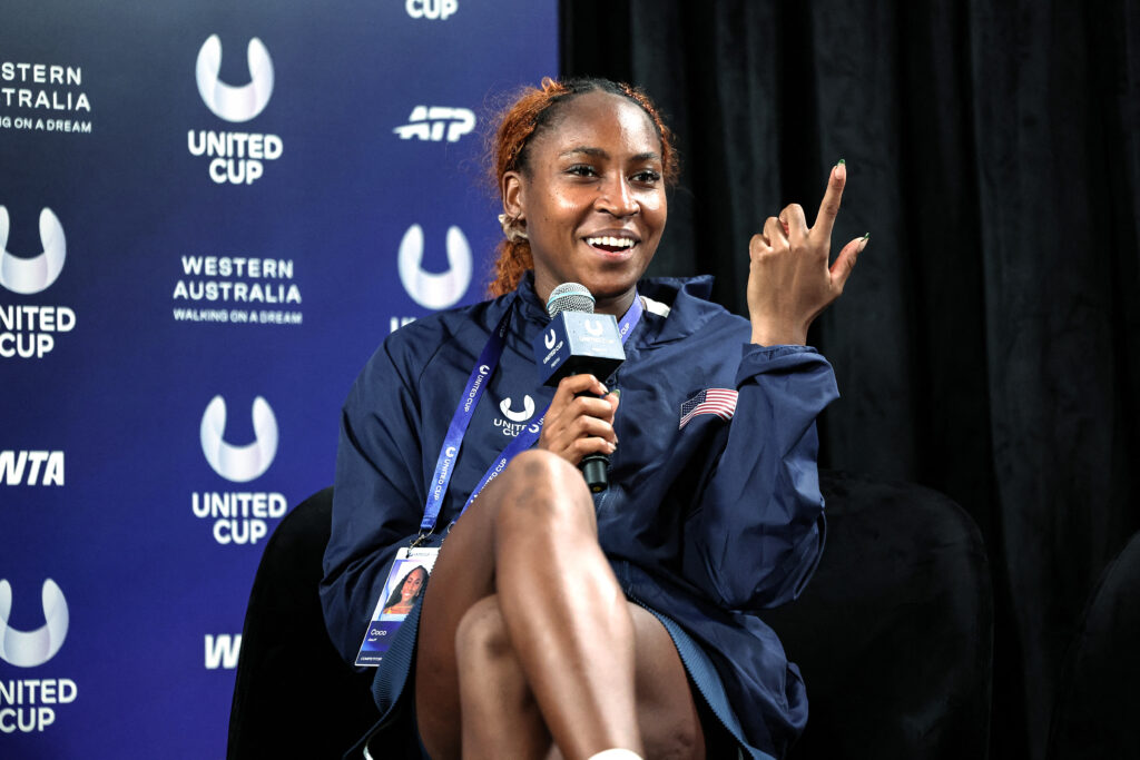 USA's Coco Gauff attends a press confernence at the end of her mixed doubles match with compatriot Christian Harrison against Argentina's Maria Lourdes Carle and Guido Andreozzi at the United Cup tennis tournament in Perth on January 3, 2026.