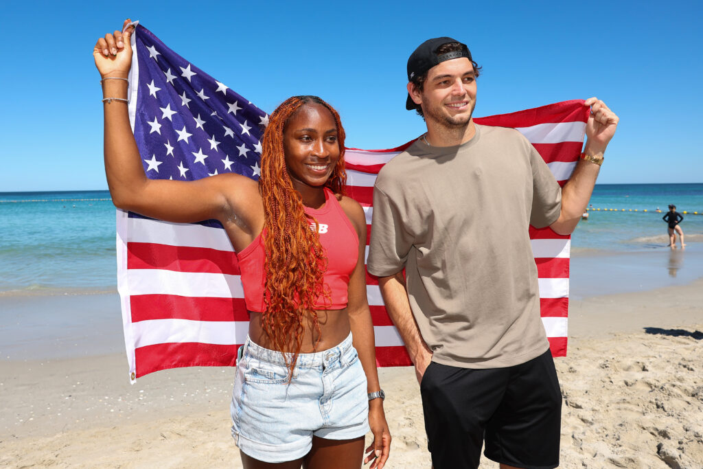 Coco Gauff and Taylor Fritz of Team USA pose during a Team USA United Cup media opportunity at Cottesloe Beach on December 30, 2025 in Perth, Australia.