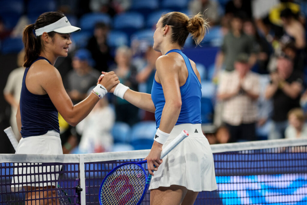 Greece's Maria Sakkari (R) is congratulated by Britain's Emma Raducanu for her victory in the women's singles match at the United Cup tennis tournament in Perth on January 5, 2026.