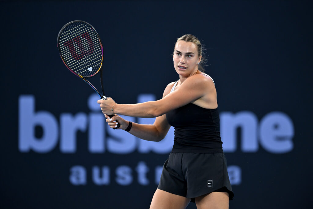 Aryna Sabalenka practices during a media opportunity ahead of the Brisbane International 2026 on January 01, 2026 in Brisbane, Australia.