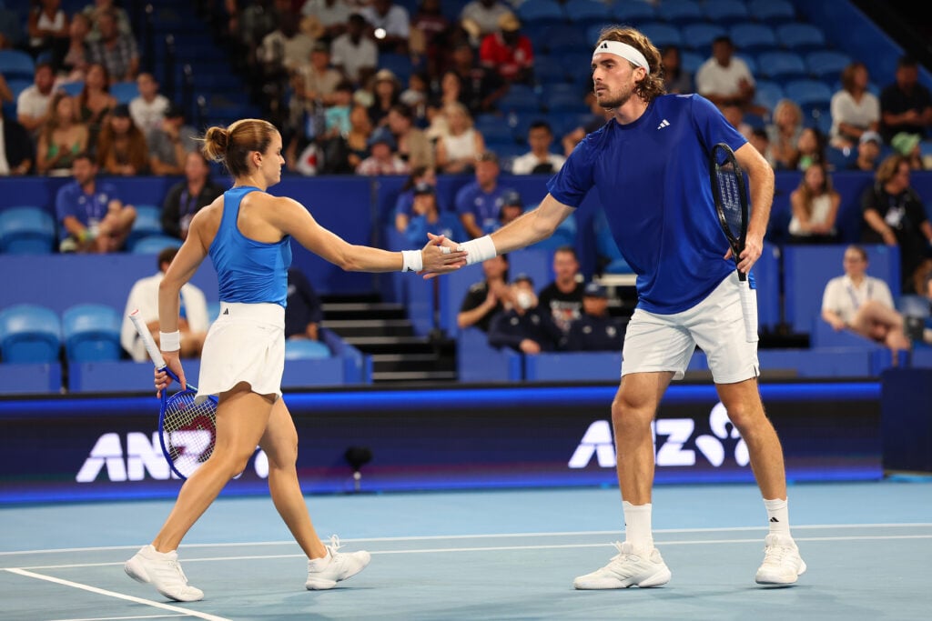 Maria Sakkari and Stefanos Tsitsipas of Team Greece celebrate winning a set in the mixed doubles match against Nao Hibino and Yasutaka Uchiyama of Team Japan during Day 1 of the United Cup at RAC Arena on January 02, 2026 in Perth, Australia.