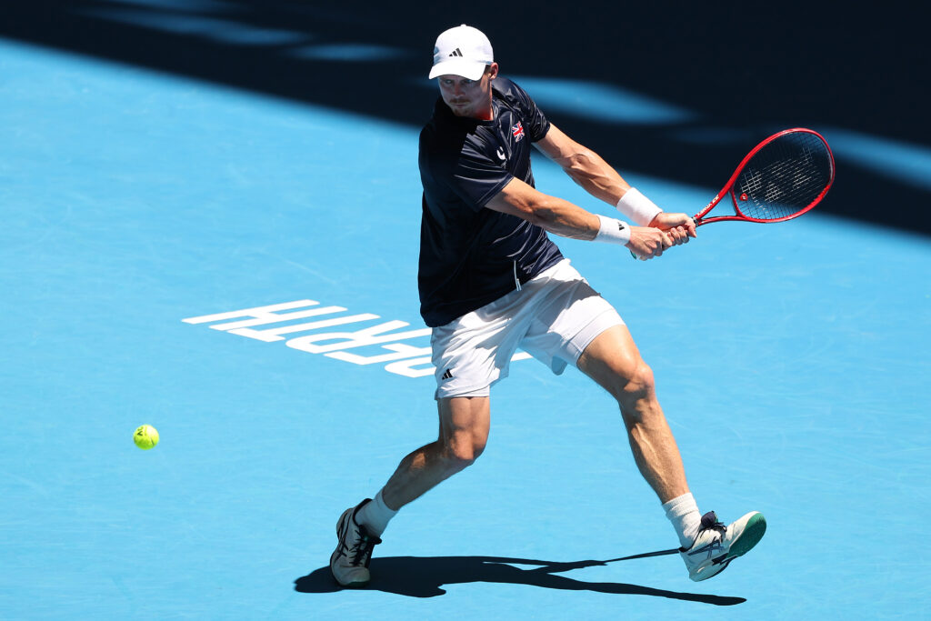 Billy Harris of Team Great Britain plays a backhand in the Men's singles match against Shintaro Mochizuki of Team Japan during Day 3 of the United Cup at RAC Arena on January 04, 2026 in Perth, Australia.