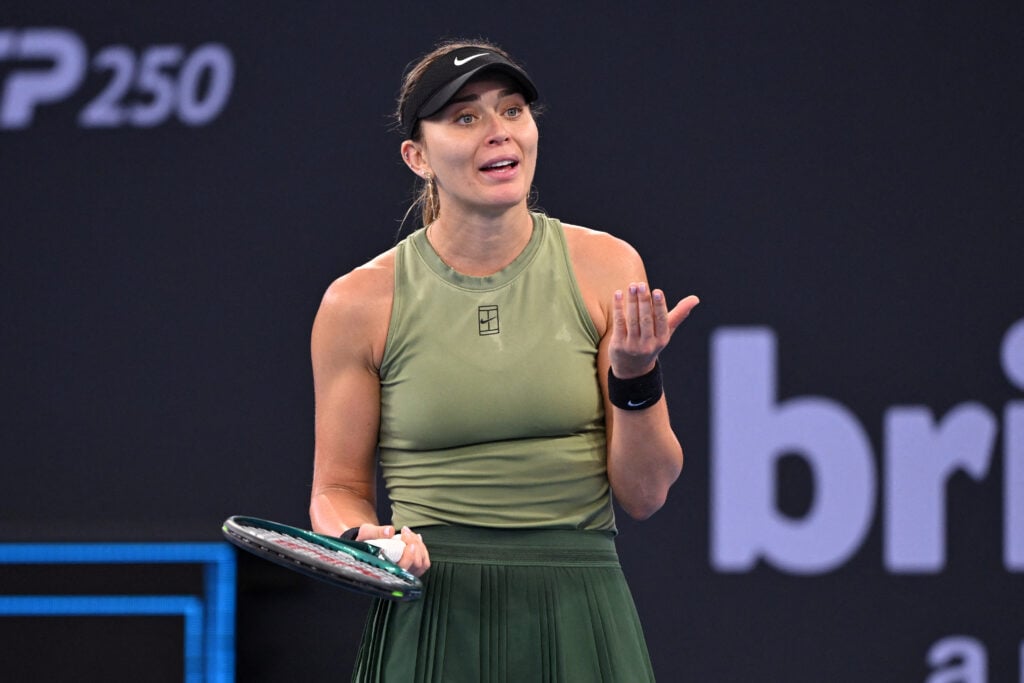 Paula Badosa of Spain reacts during her women's singles match against Elena Rybakina of Kazakhstan at the Brisbane International tennis tournament in Brisbane on January 8, 2026.