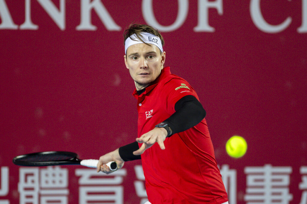 Alexander Bublik of Kazakhstan hits the ball during the Bank of China Hong Kong Tennis Open men's single round of 16 match against Botic Van De Zandschulp of Netherlands on January 8, 2026 in Hong Kong, China.