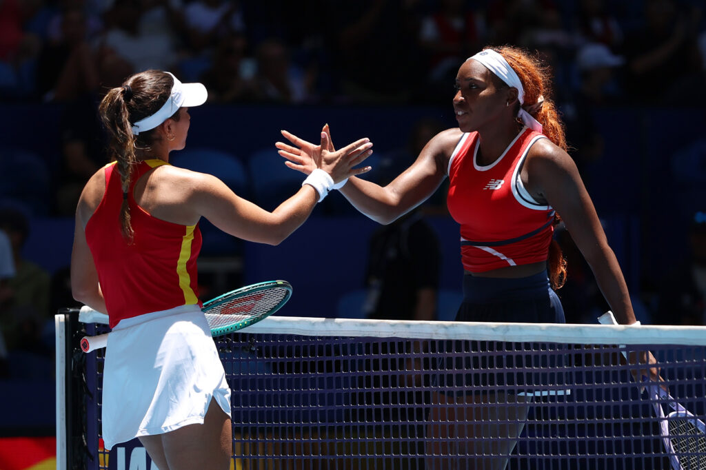 Coco Gauff of Team USA shakes hands with Jessica Bouzas Maneiro of Team Spain after her defeat in the Women's singles match during Day 4 of the United Cup at RAC Arena on January 05, 2026 in Perth, Australia.
