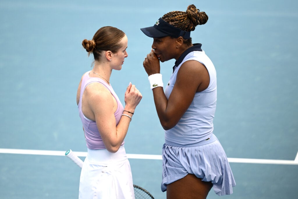 Elina Svitolina of Ukraine and Venus Williams of USA chat during their first round doubles match against Iva Jovic of USA and Alexandra Eala of the Phillipines during day one of the 2025 ASB Classic at ASB Tennis Centre on January 05, 2026 in Auckland, New Zealand.