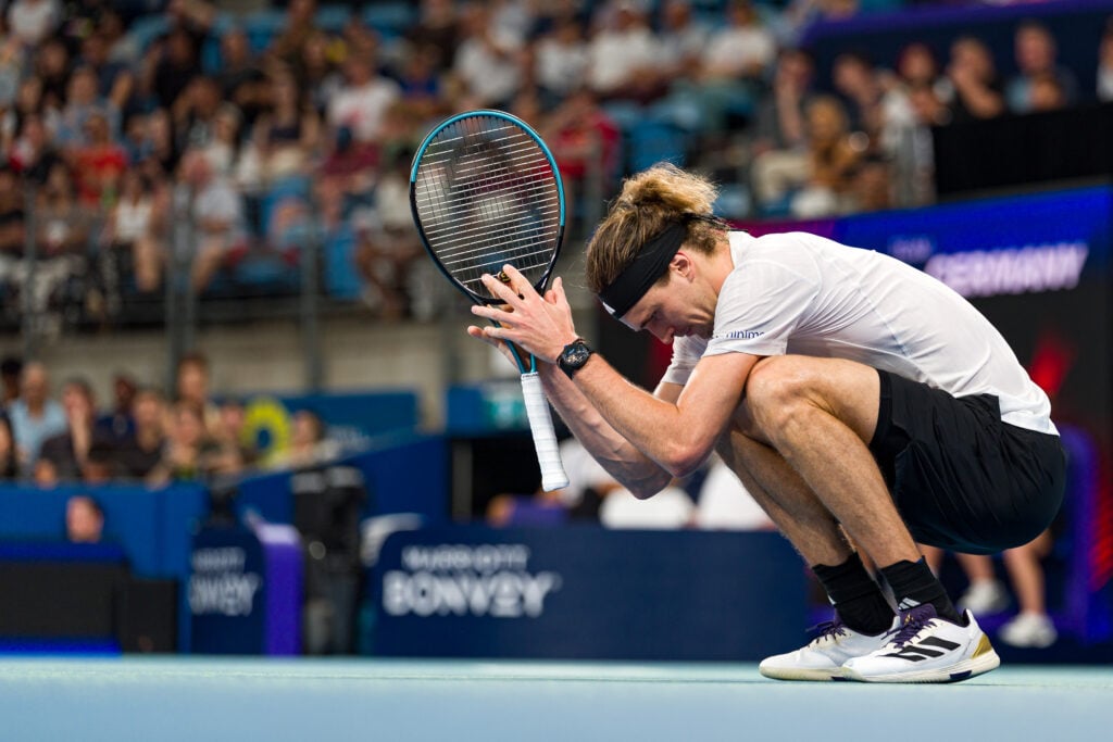 Alexander Zverev of Team Germany reacts in the Group F Men's Singles match against Hubert Hurkacz of Team Poland during the United Cup at Ken Rosewall Arena on January 05, 2026 in Sydney, Australia.