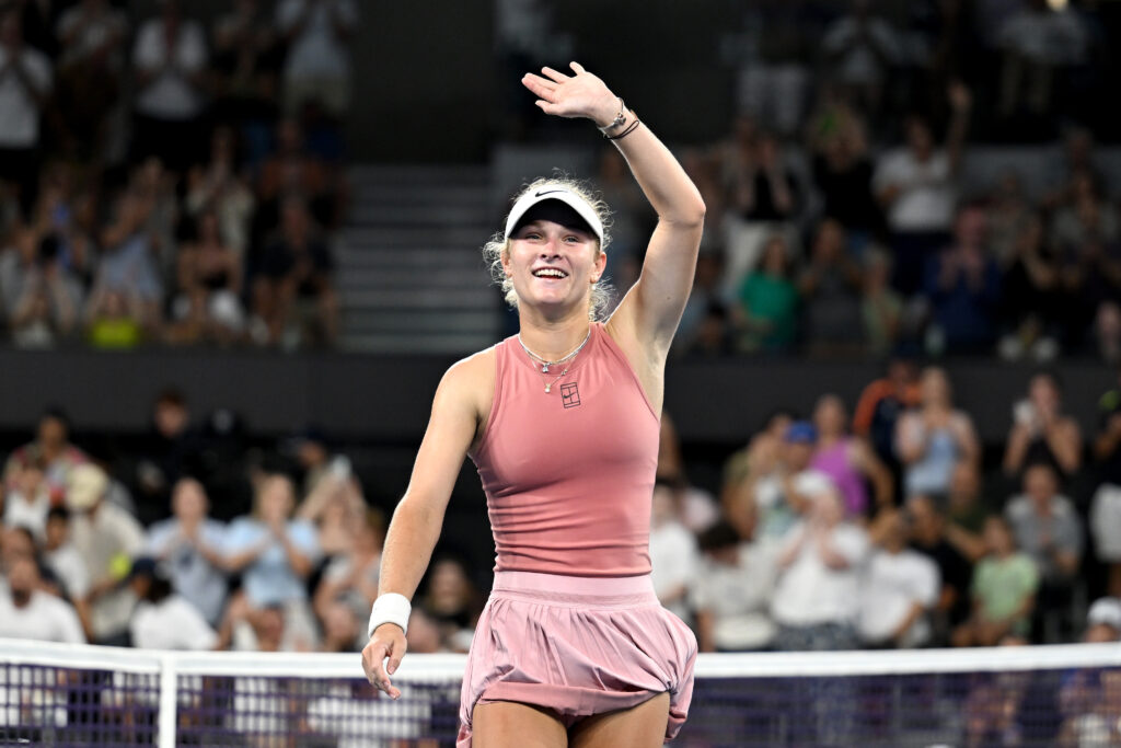 Emerson Jones of Australia celebrates after winning her first round Women's Singles match against Tatjana Maria of Germany during the 2026 Brisbane International at Pat Rafter Arena on January 05, 2026 in Brisbane, Australia.