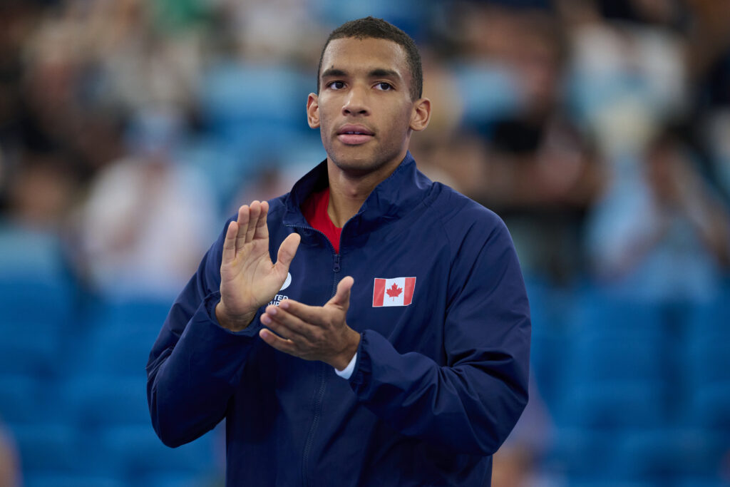 Felix Auger-Aliassime of Canada is pictured in the Group B singles match against Zizou Bergs of Belgium during the United Cup at Ken Rosewall Arena on January 06, 2026 in Sydney, Australia.
