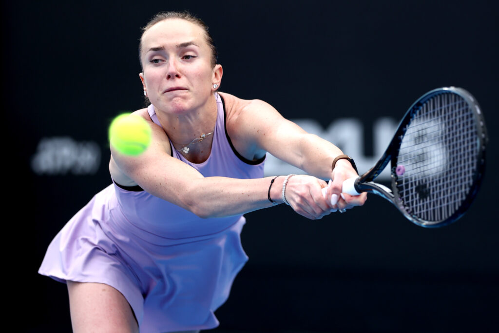 Elina Svitolina of the Ukraine plays a return against Varvara Gracheva of France during day xx of the 2025 ASB Classic at ASB Tennis Centre on January 06, 2026 in Auckland, New Zealand.